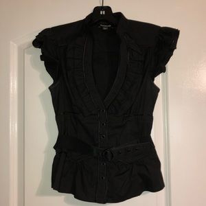 BEBE Belted Low-Cut Ruffled Button Top